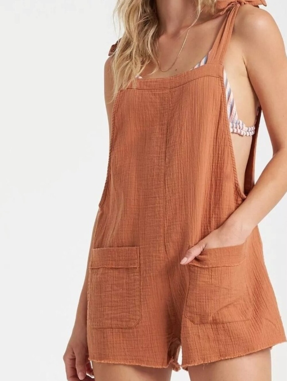 Billabong Tie-Shoulder Gauze Romper In Orange | Size Medium